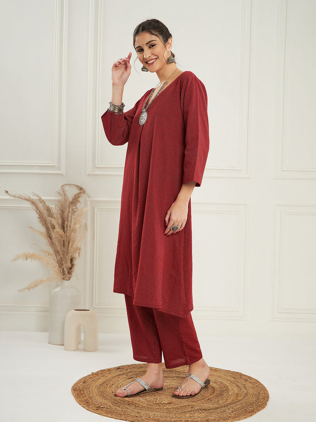 InWeave Women's Ruby Maroon Kantha V Neck Kurta Pant Set