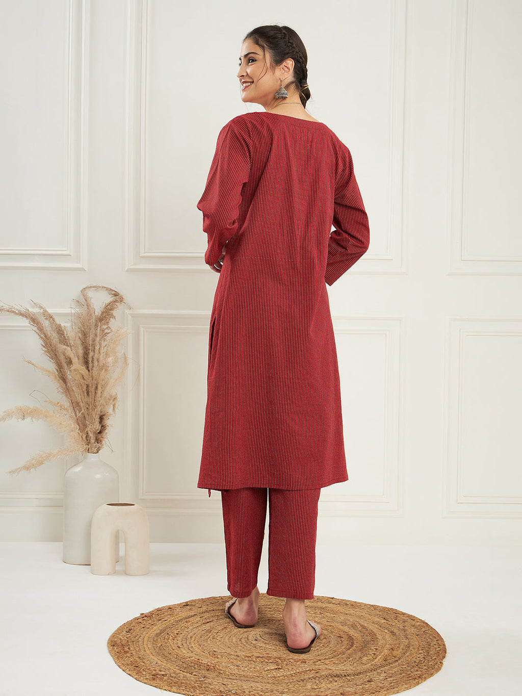 InWeave Women's Ruby Maroon Kantha V Neck Kurta Pant Set