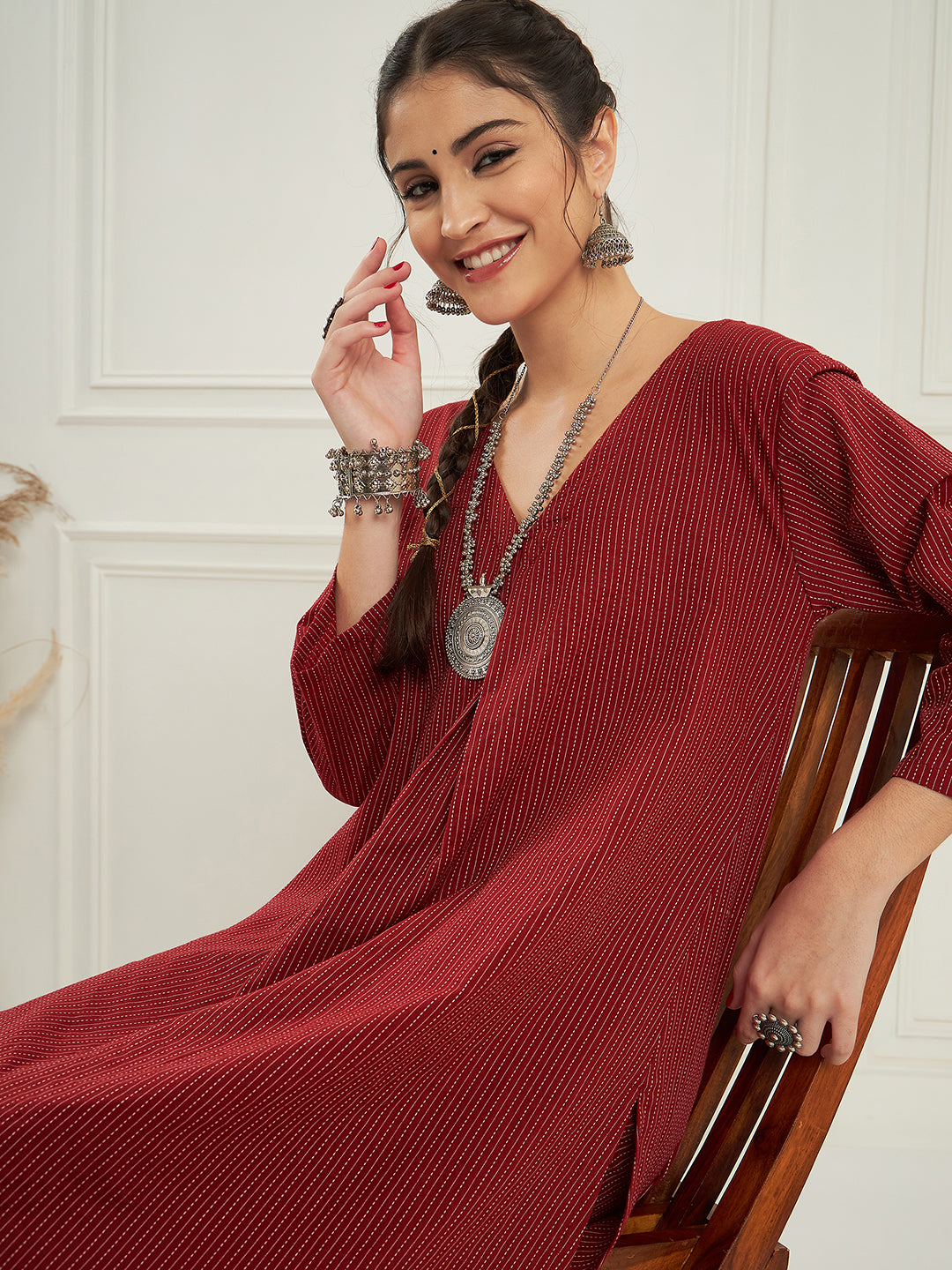 InWeave Women's Ruby Maroon Kantha V Neck Kurta Pant Set
