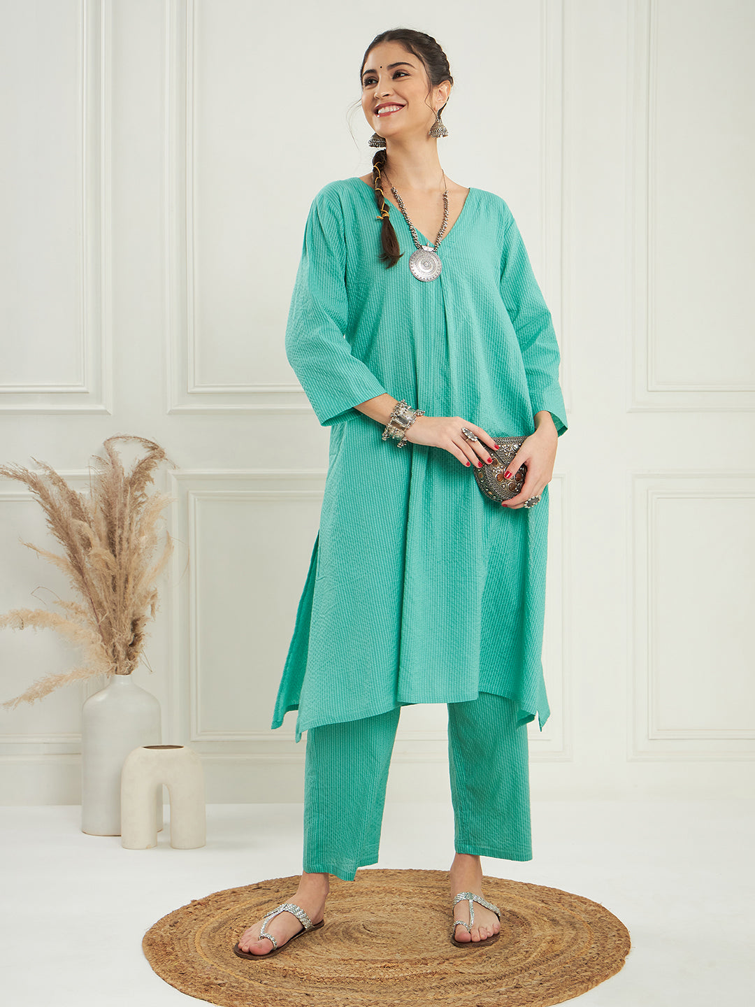InWeave Women's Arctic Blue Kantha V Neck Kurta Pant Set