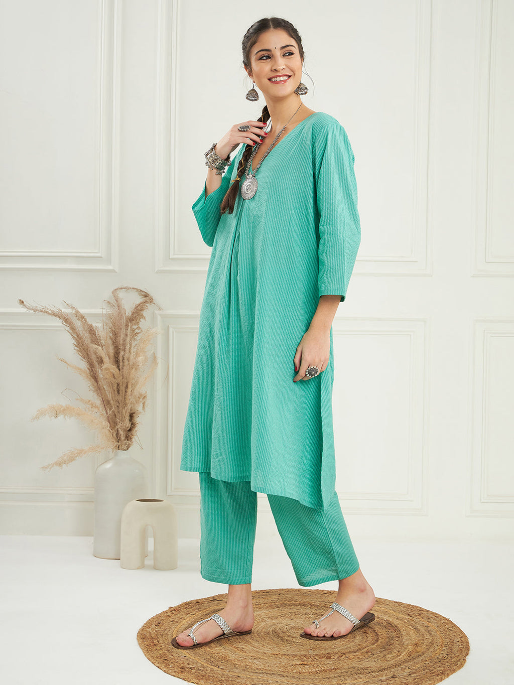InWeave Women's Arctic Blue Kantha V Neck Kurta Pant Set
