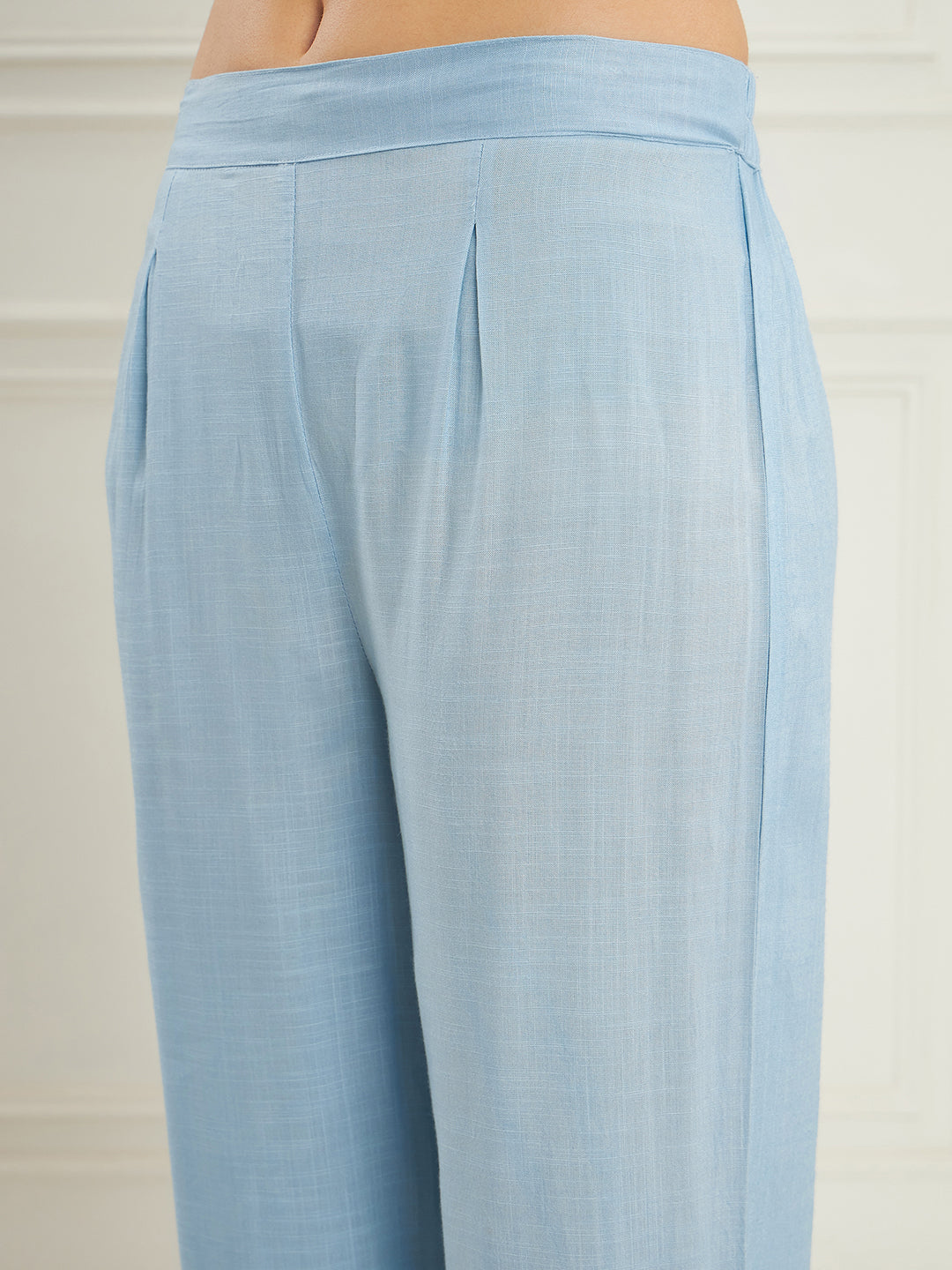 InWeave Women's Pastel Blue Solid V Neck Kurta Pant Set