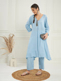 InWeave Women's Pastel Blue Solid V Neck Kurta Pant Set