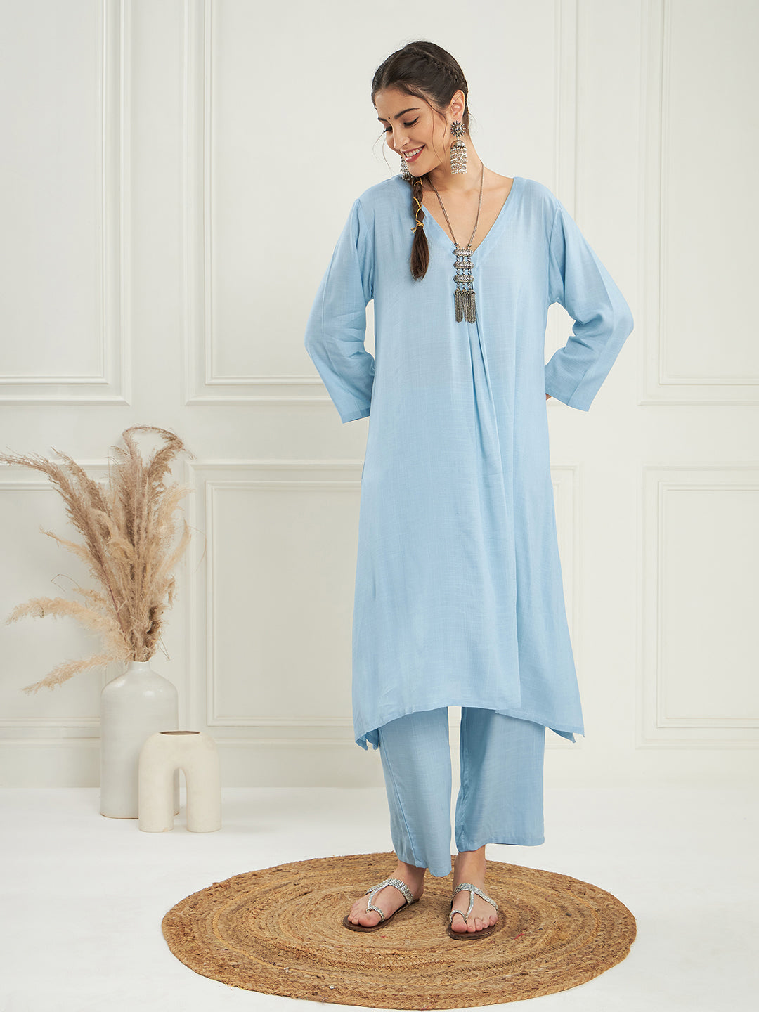 InWeave Women's Pastel Blue Solid V Neck Kurta Pant Set