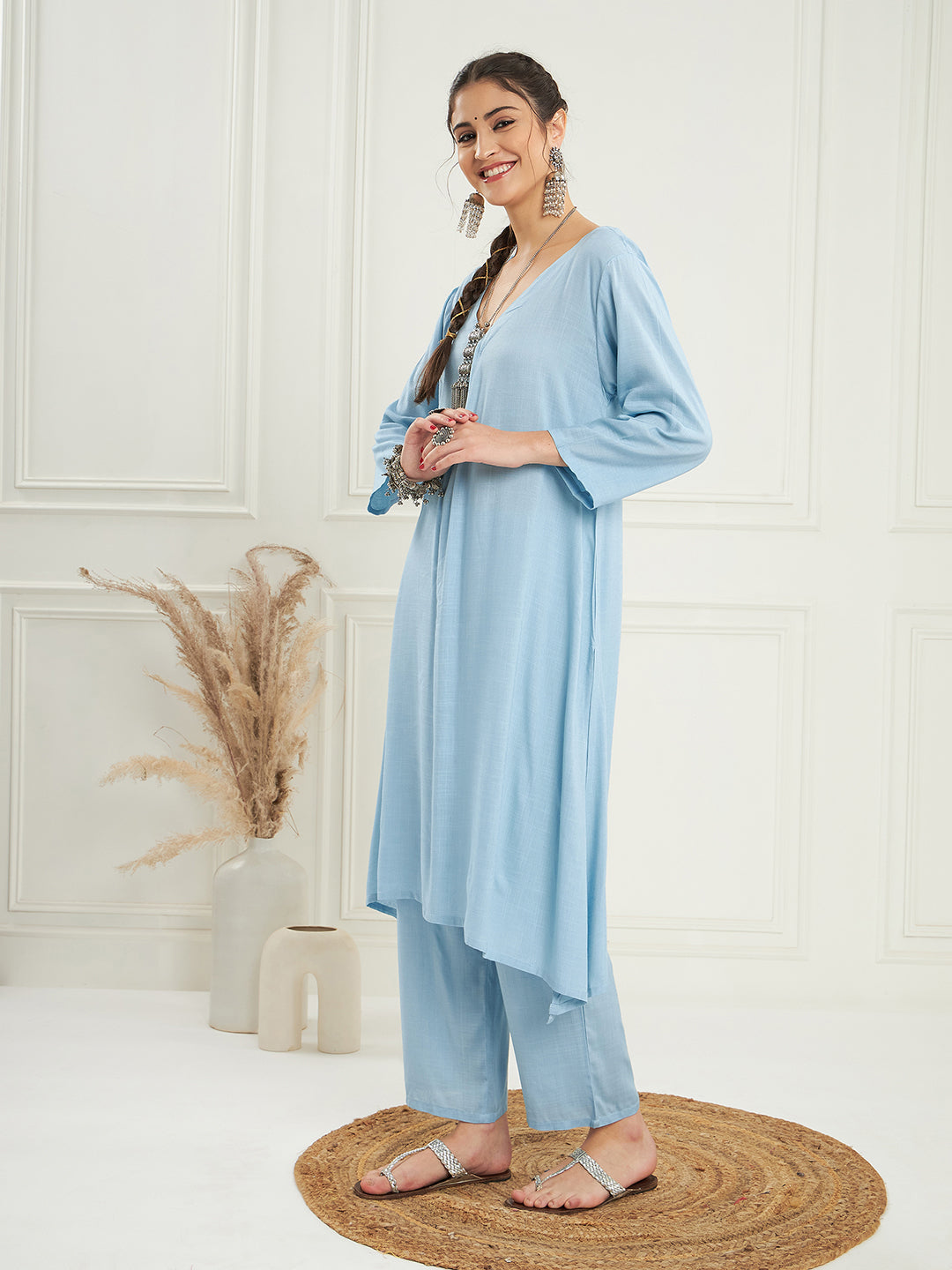 InWeave Women's Pastel Blue Solid V Neck Kurta Pant Set