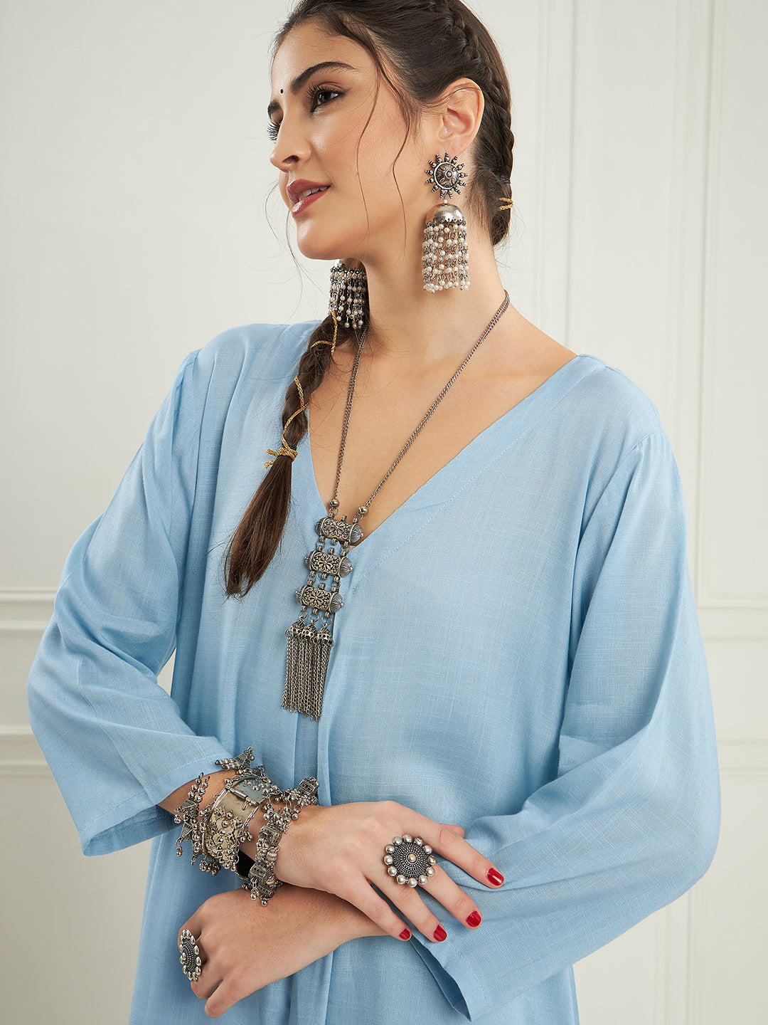 InWeave Women's Pastel Blue Solid V Neck Kurta Pant Set