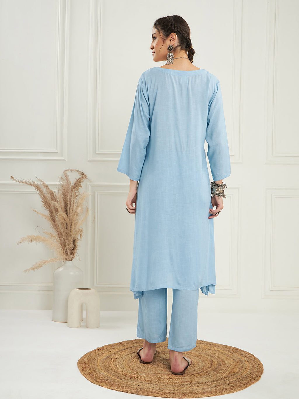 InWeave Women's Pastel Blue Solid V Neck Kurta Pant Set