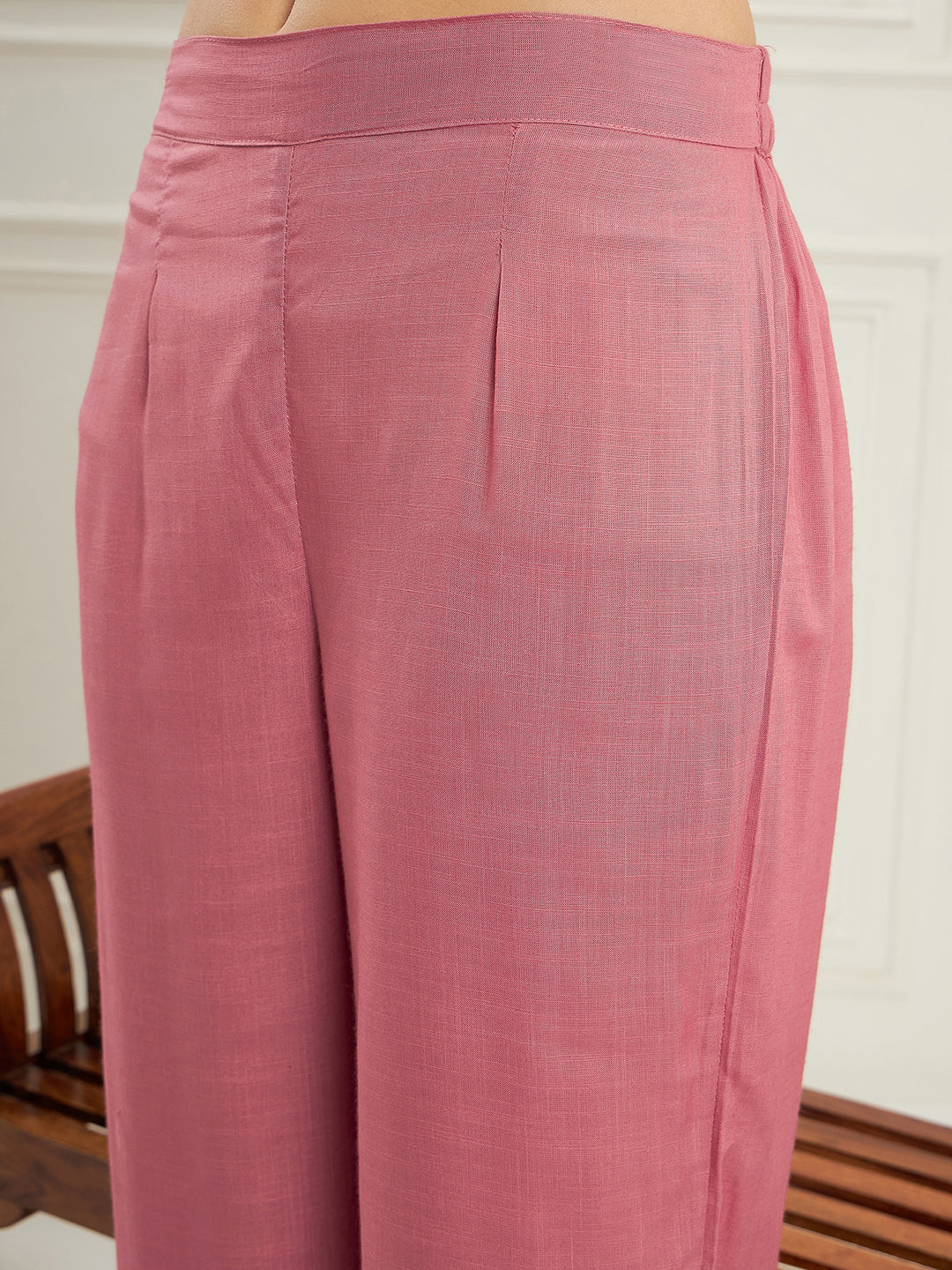 InWeave Women's Light Rose Pink Solid V Neck Kurta Pant Set