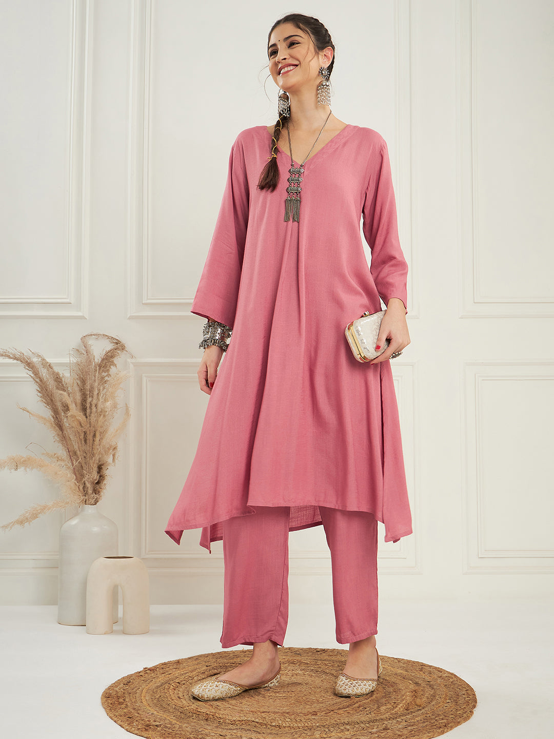InWeave Women's Light Rose Pink Solid V Neck Kurta Pant Set