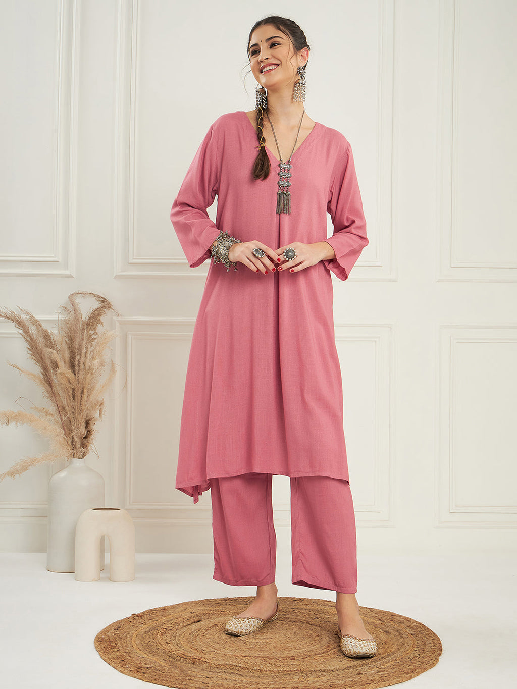 InWeave Women's Light Rose Pink Solid V Neck Kurta Pant Set