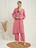 InWeave Women's Light Rose Pink Solid V Neck Kurta Pant Set