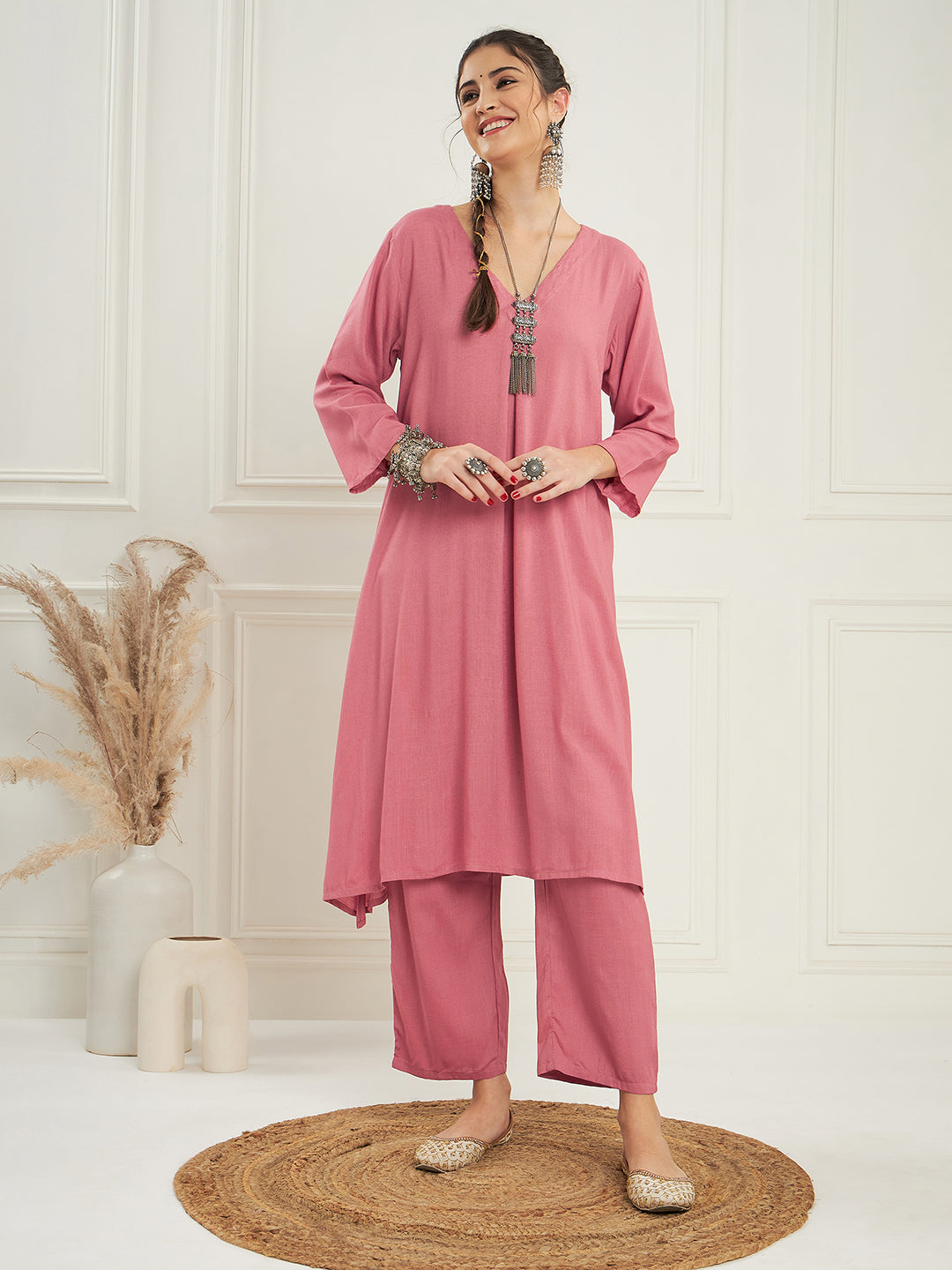 InWeave Women's Light Rose Pink Solid V Neck Kurta Pant Set
