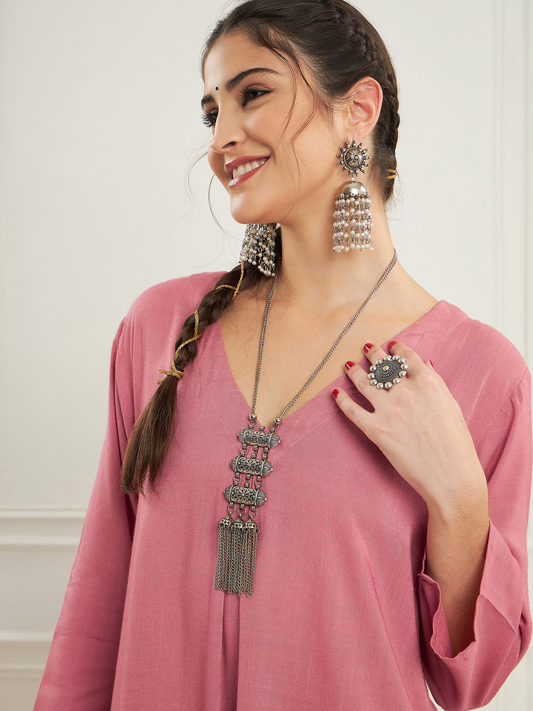 InWeave Women's Light Rose Pink Solid V Neck Kurta Pant Set