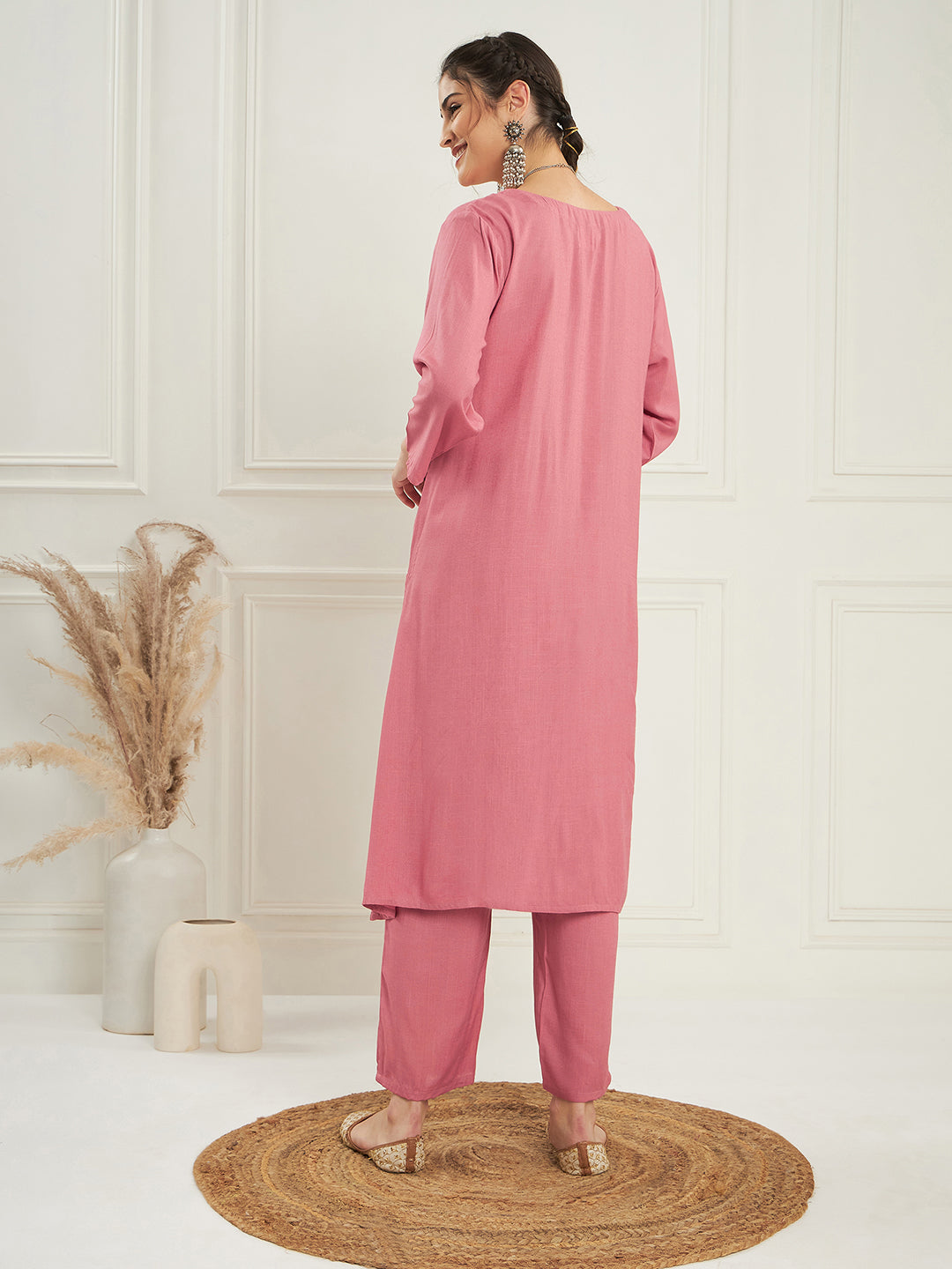 InWeave Women's Light Rose Pink Solid V Neck Kurta Pant Set