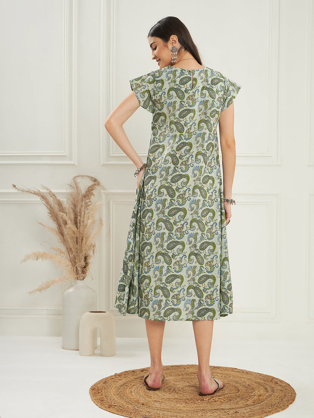 InWeave Women's Sage Green Paisley Print A Line Dress