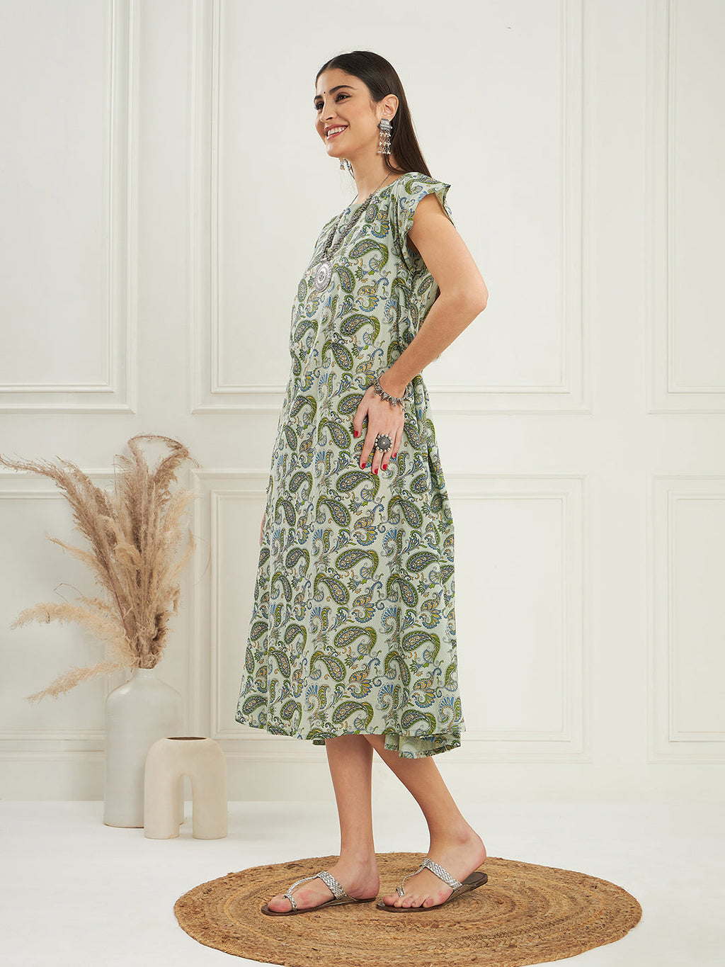 InWeave Women's Sage Green Paisley Print A Line Dress