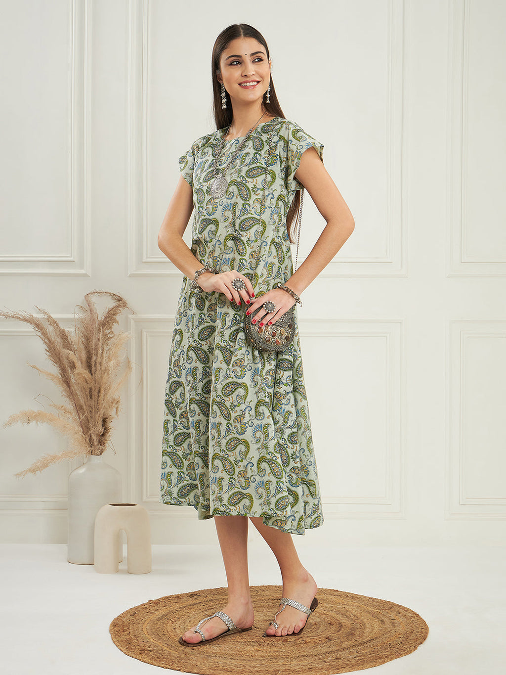 InWeave Women's Sage Green Paisley Print A Line Dress