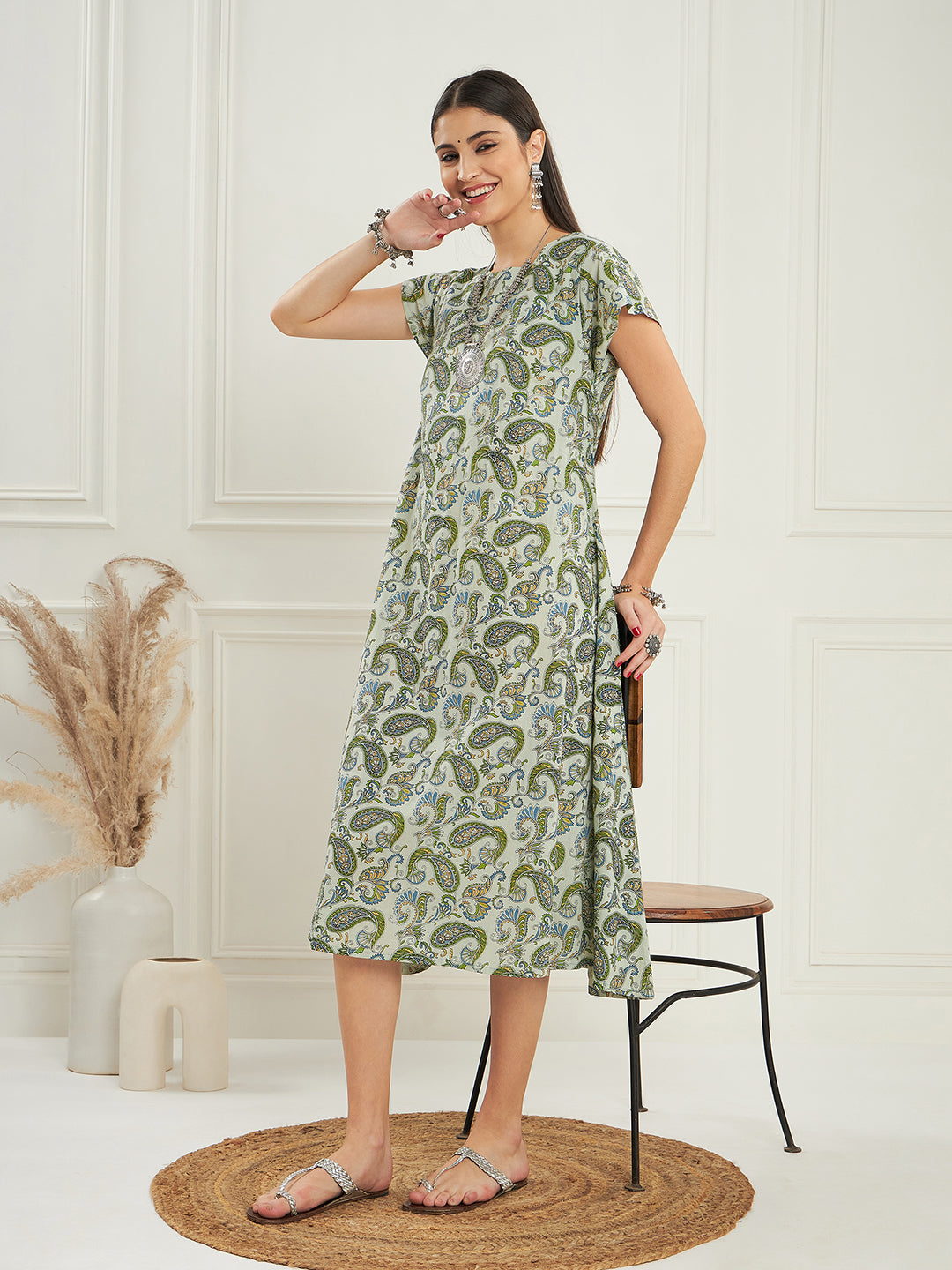 InWeave Women's Sage Green Paisley Print A Line Dress