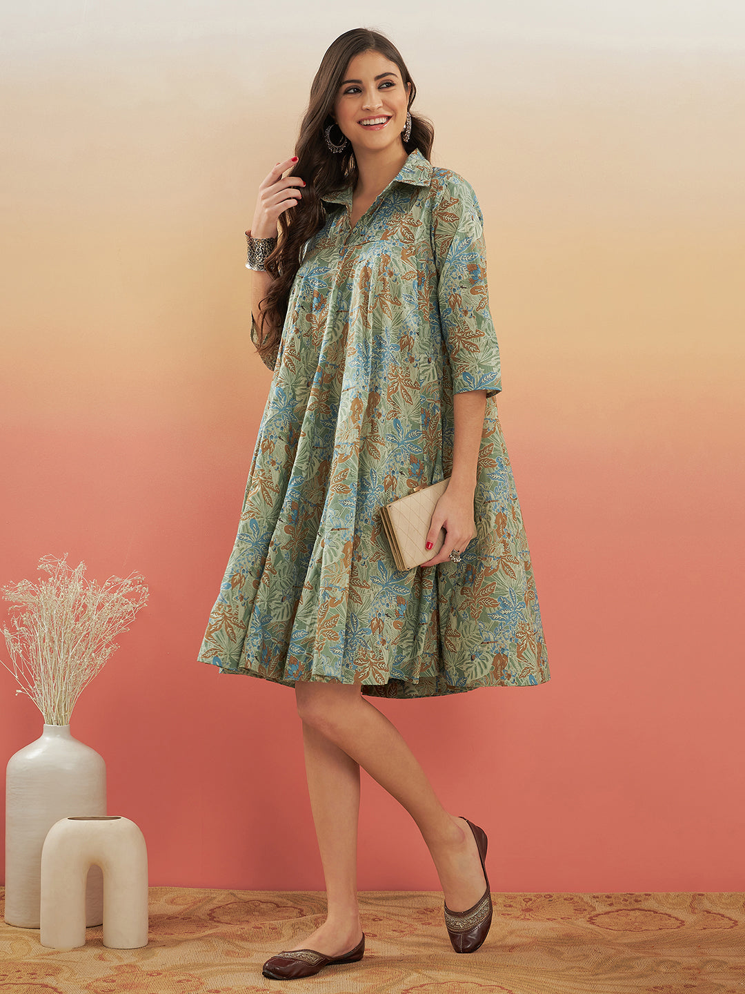 InWeave Women's Dull Green Leaf Floral Print Flared Dress