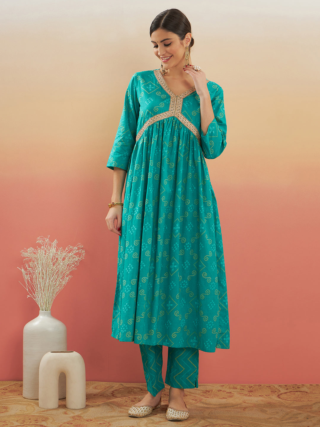 InWeave Women's Aqua S Print Alia Cut Gota Work Kurta Set