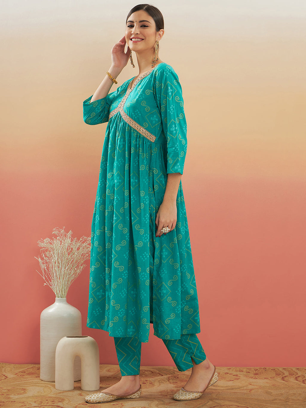 InWeave Women's Aqua S Print Alia Cut Gota Work Kurta Set