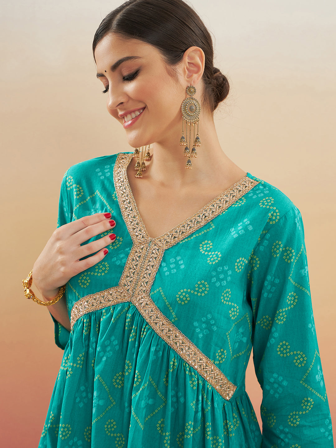 InWeave Women's Aqua S Print Alia Cut Gota Work Kurta Set