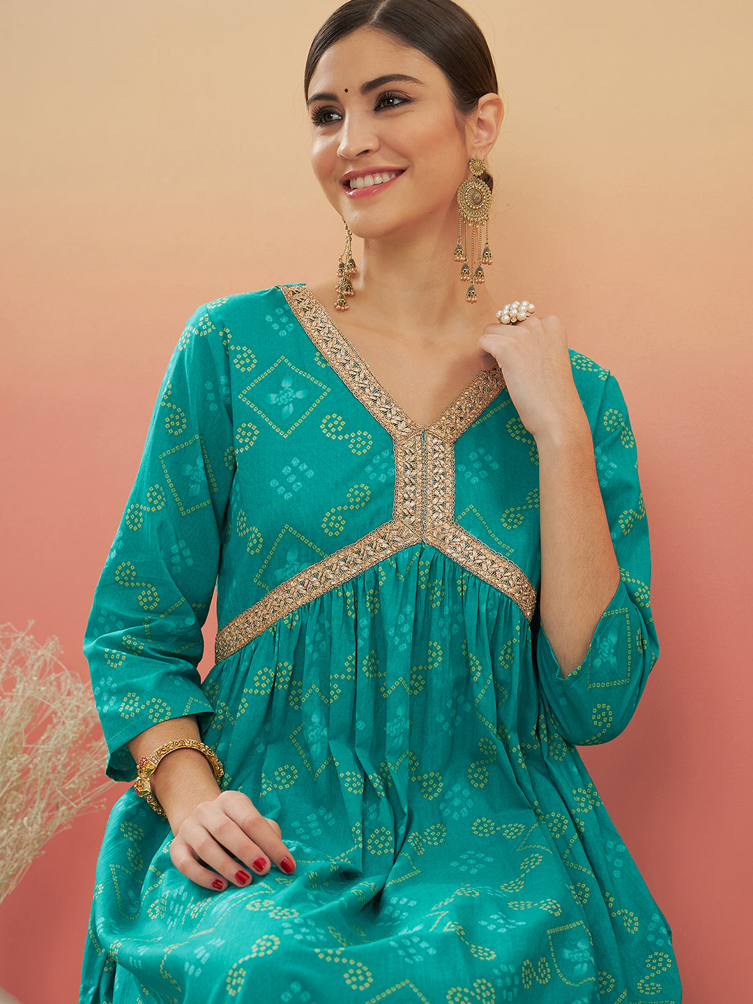 InWeave Women's Aqua S Print Alia Cut Gota Work Kurta Set