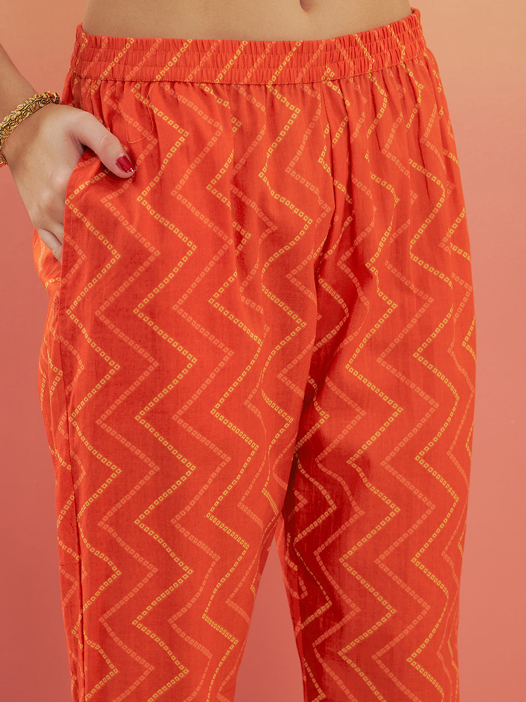 InWeave Women's Orange S Print Alia Cut Gota Work Kurta Set