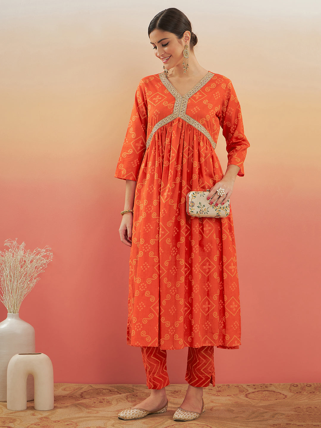 InWeave Women's Orange S Print Alia Cut Gota Work Kurta Set
