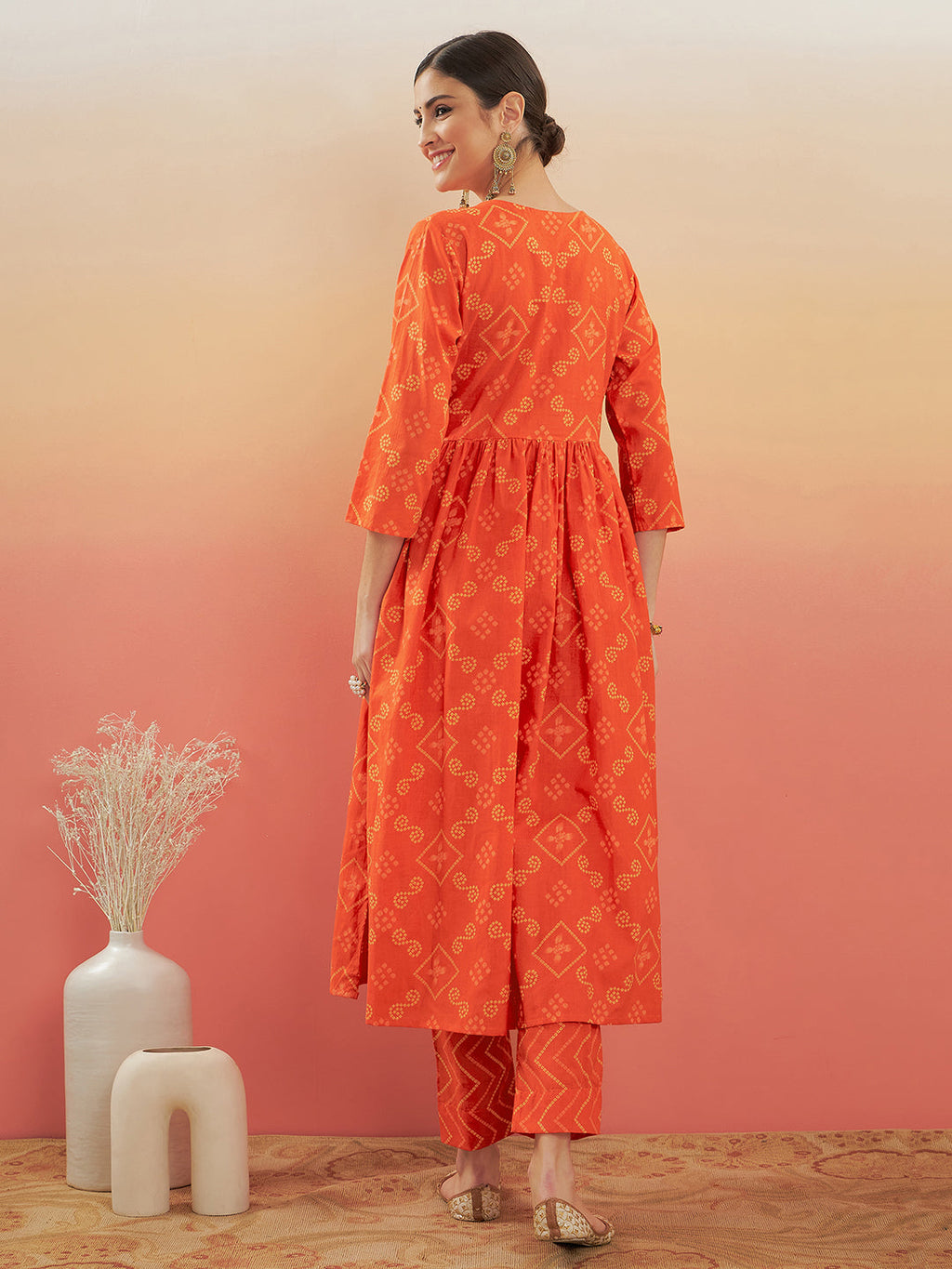 InWeave Women's Orange S Print Alia Cut Gota Work Kurta Set