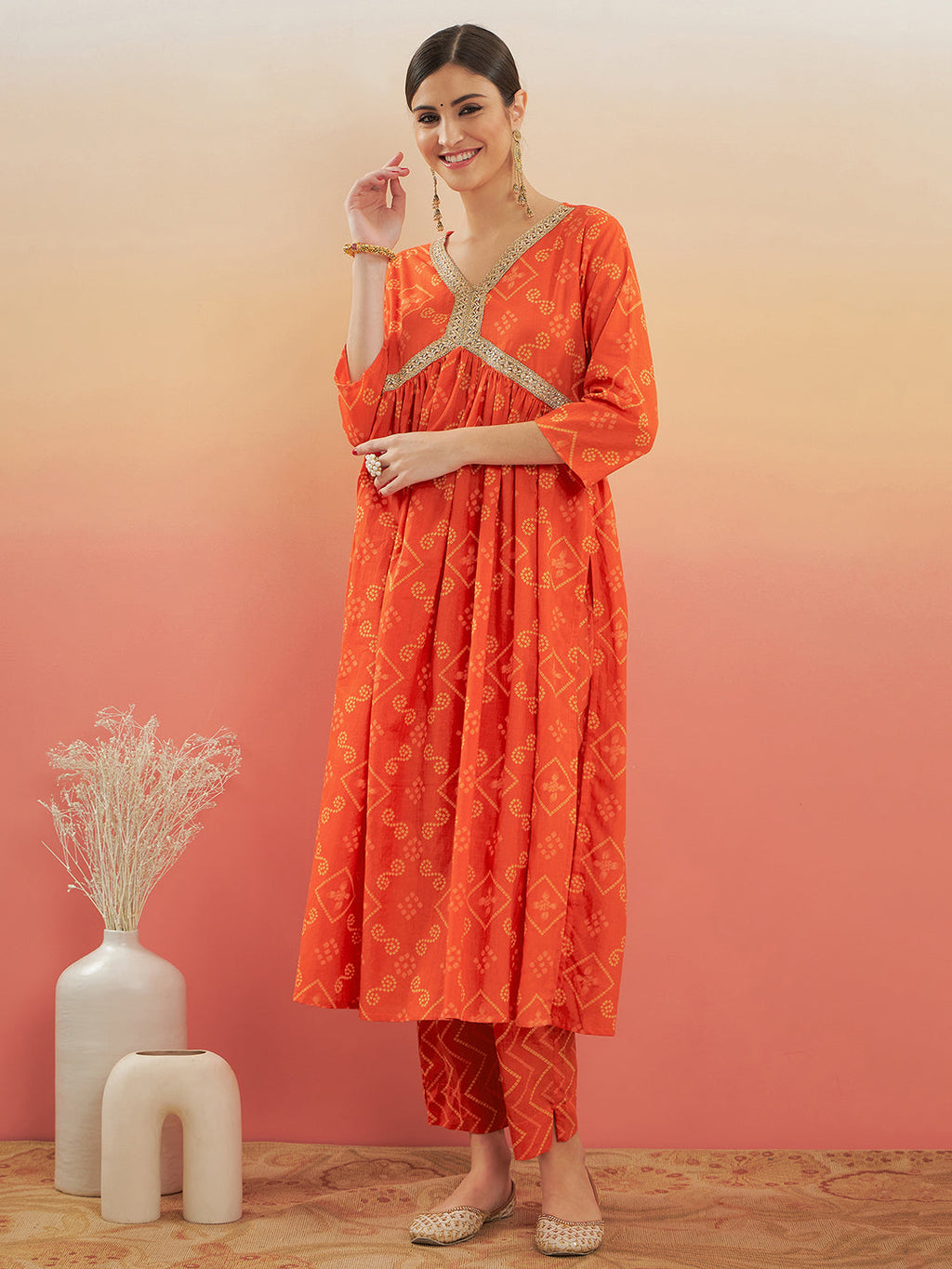 InWeave Women's Orange S Print Alia Cut Gota Work Kurta Set