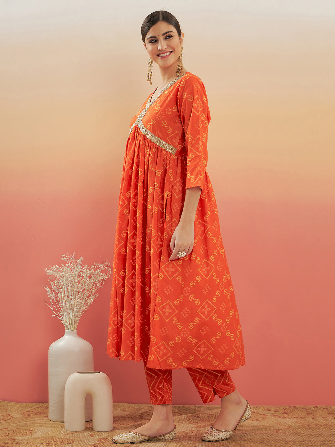 InWeave Women's Orange S Print Alia Cut Gota Work Kurta Set