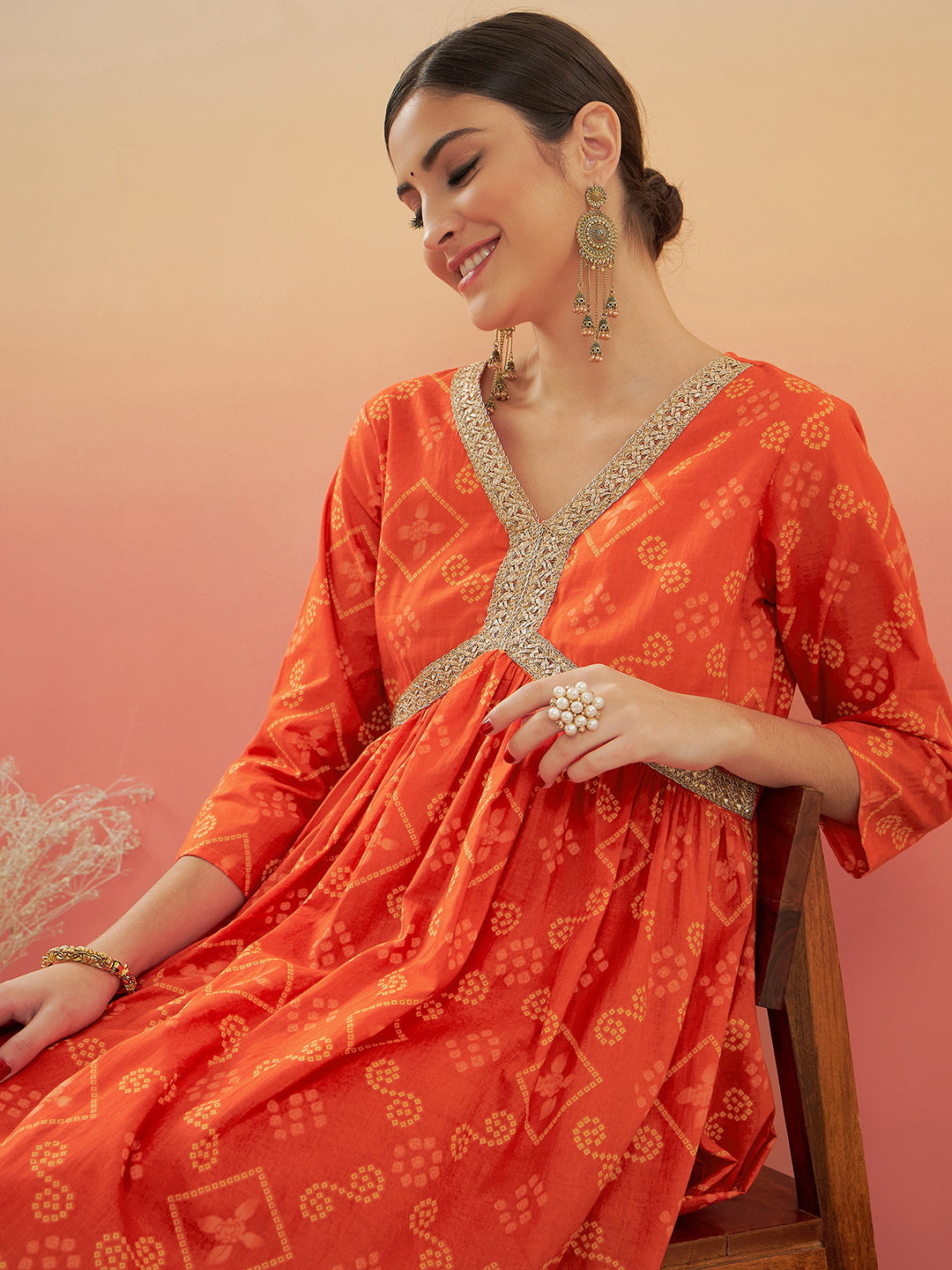 InWeave Women's Orange S Print Alia Cut Gota Work Kurta Set