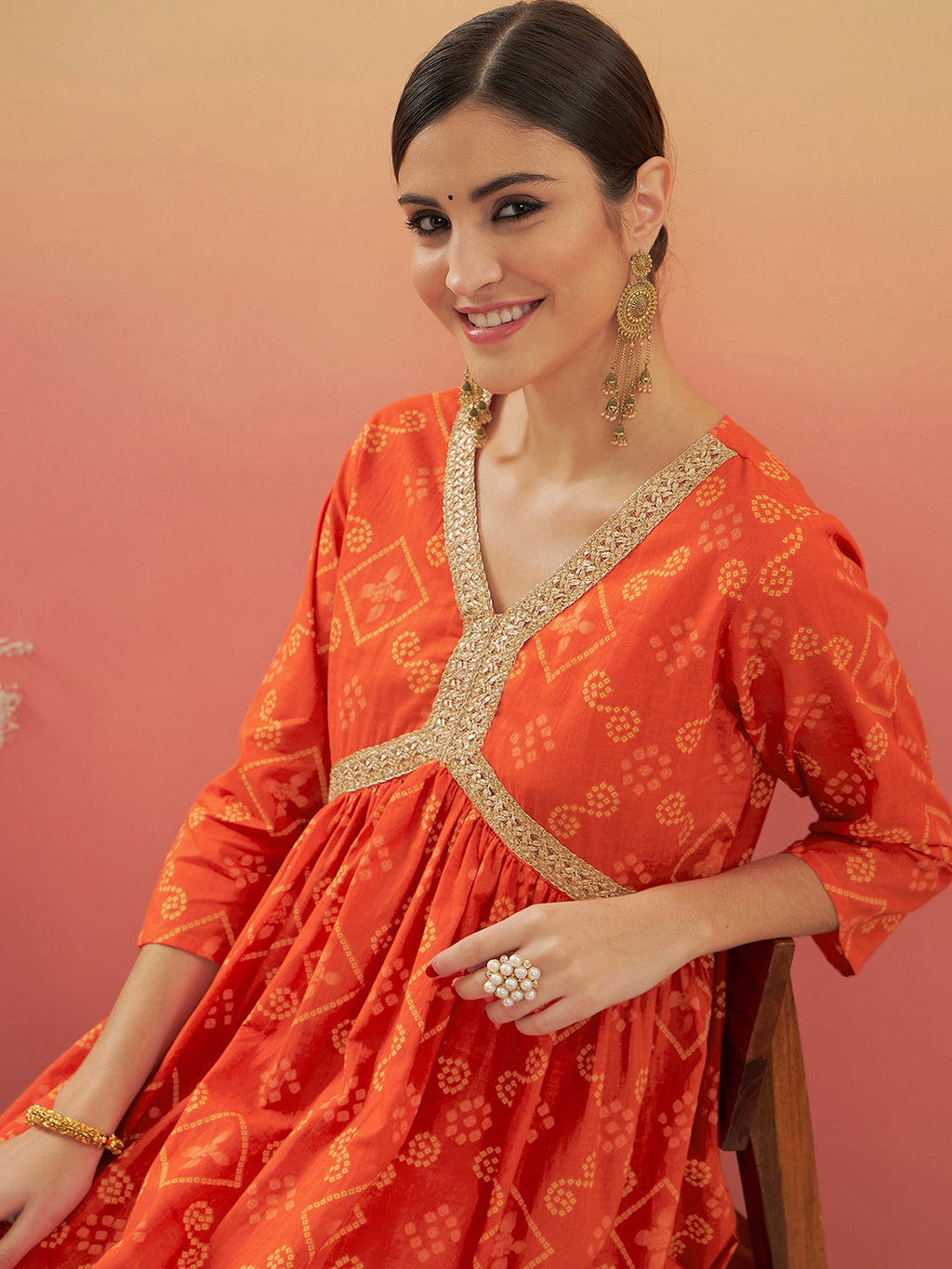InWeave Women's Orange S Print Alia Cut Gota Work Kurta Set
