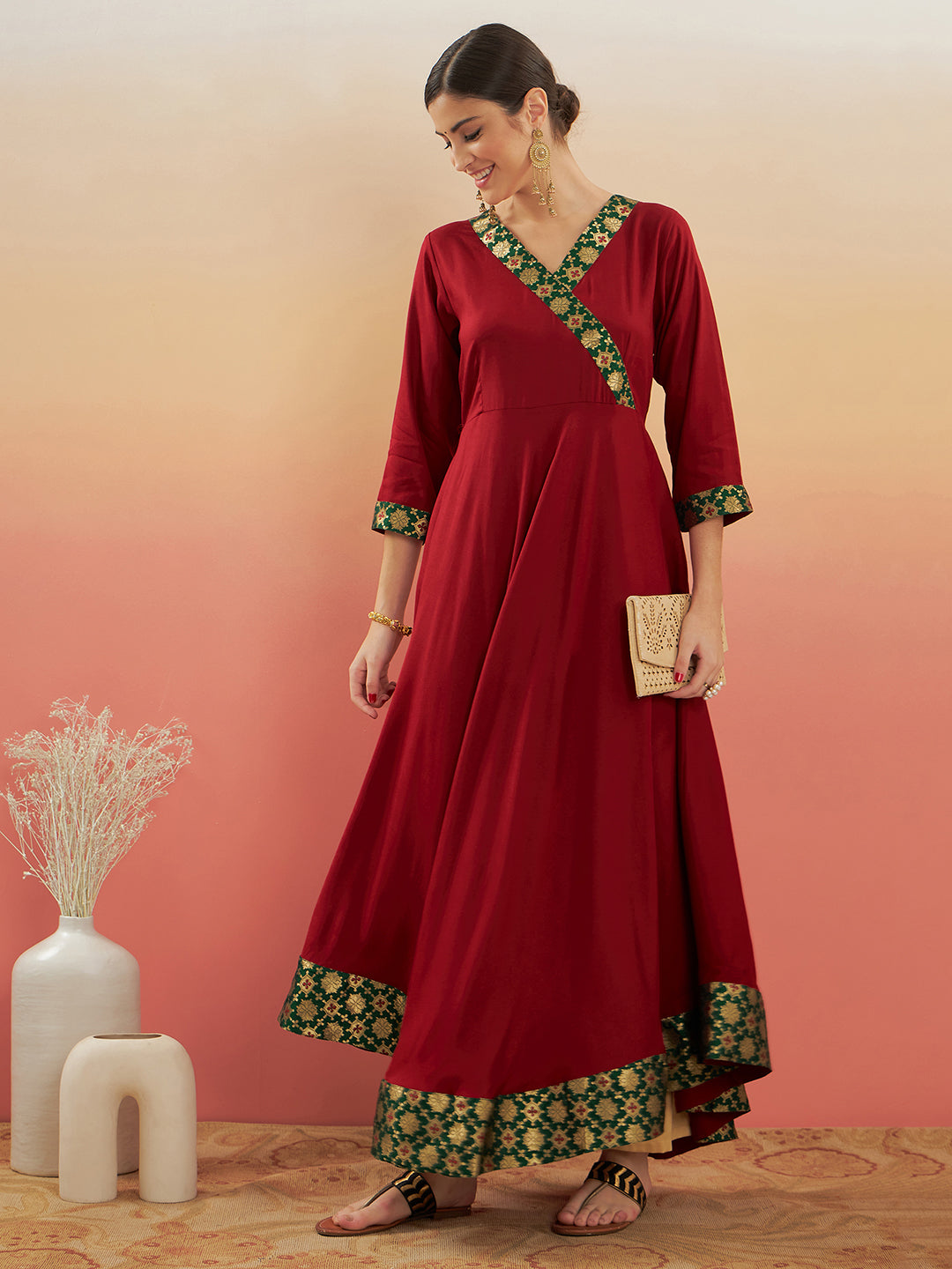 InWeave Women's Maroon Green Border Anarkali Kurta
