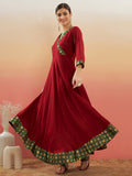 InWeave Women's Maroon Green Border Anarkali Kurta