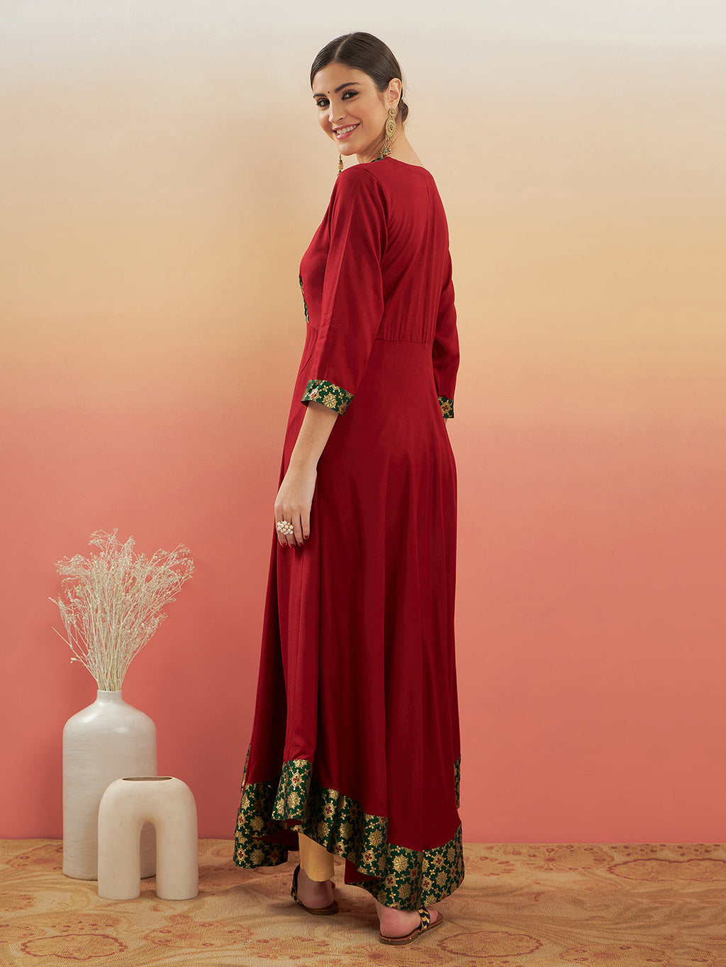 InWeave Women's Maroon Green Border Anarkali Kurta
