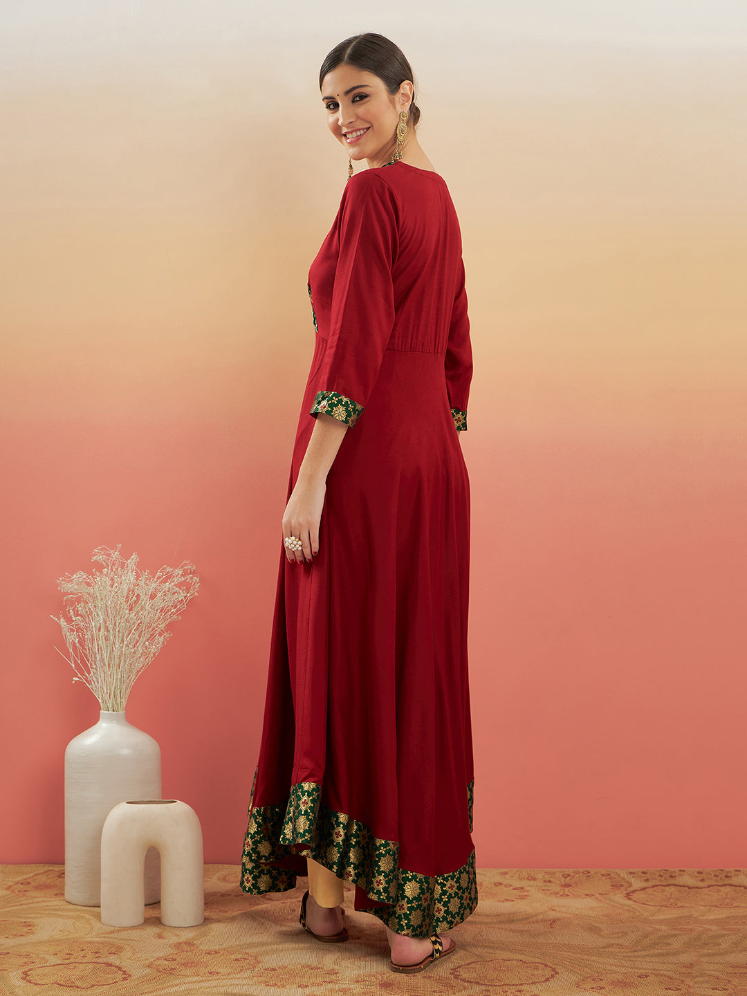 InWeave Women's Maroon Green Border Anarkali Kurta