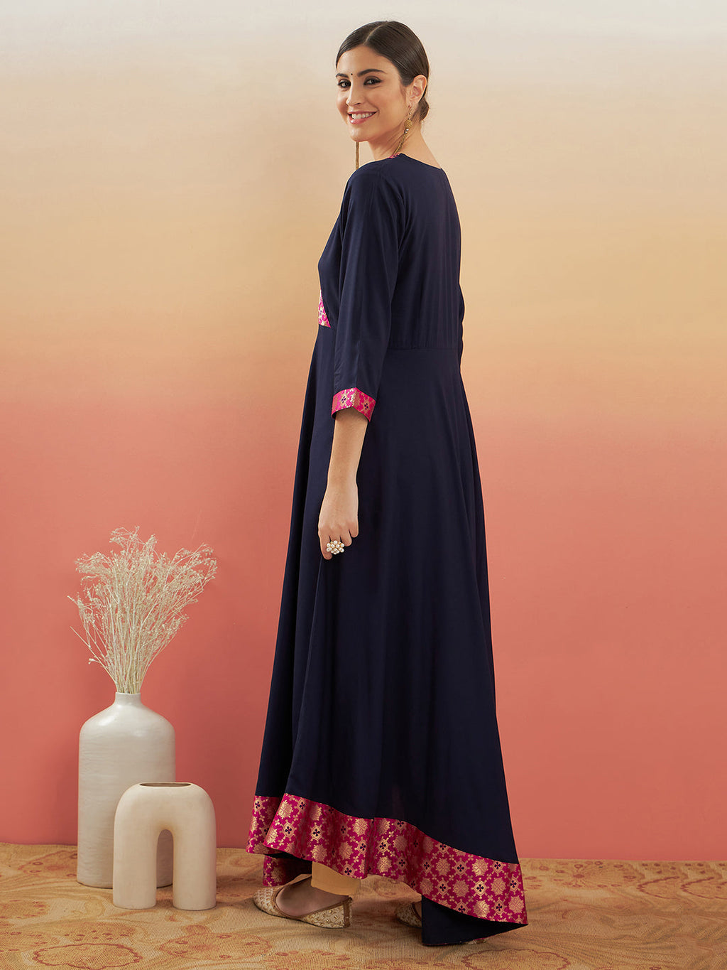 InWeave Women's Navy Blue Pink Border Anarkali Kurta