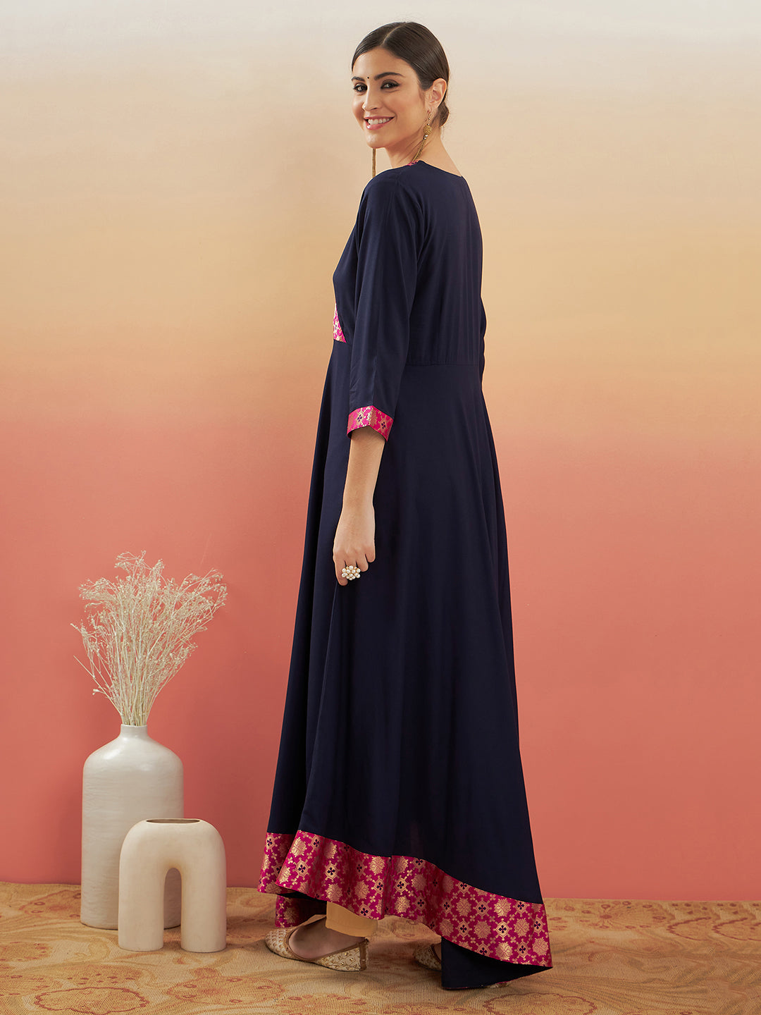 InWeave Women's Navy Blue Pink Border Anarkali Kurta
