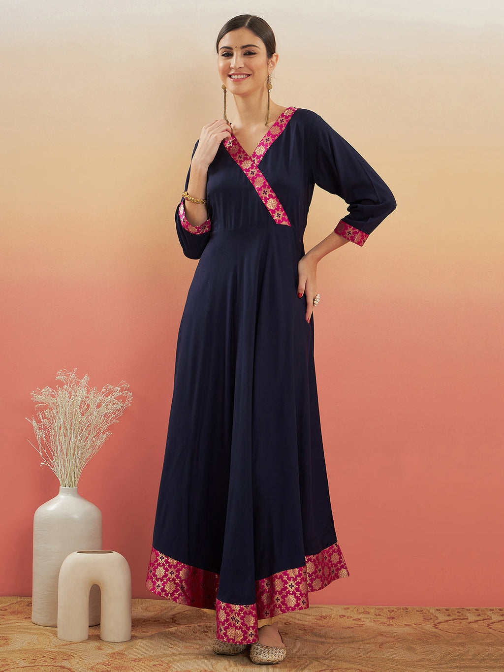 InWeave Women's Navy Blue Pink Border Anarkali Kurta