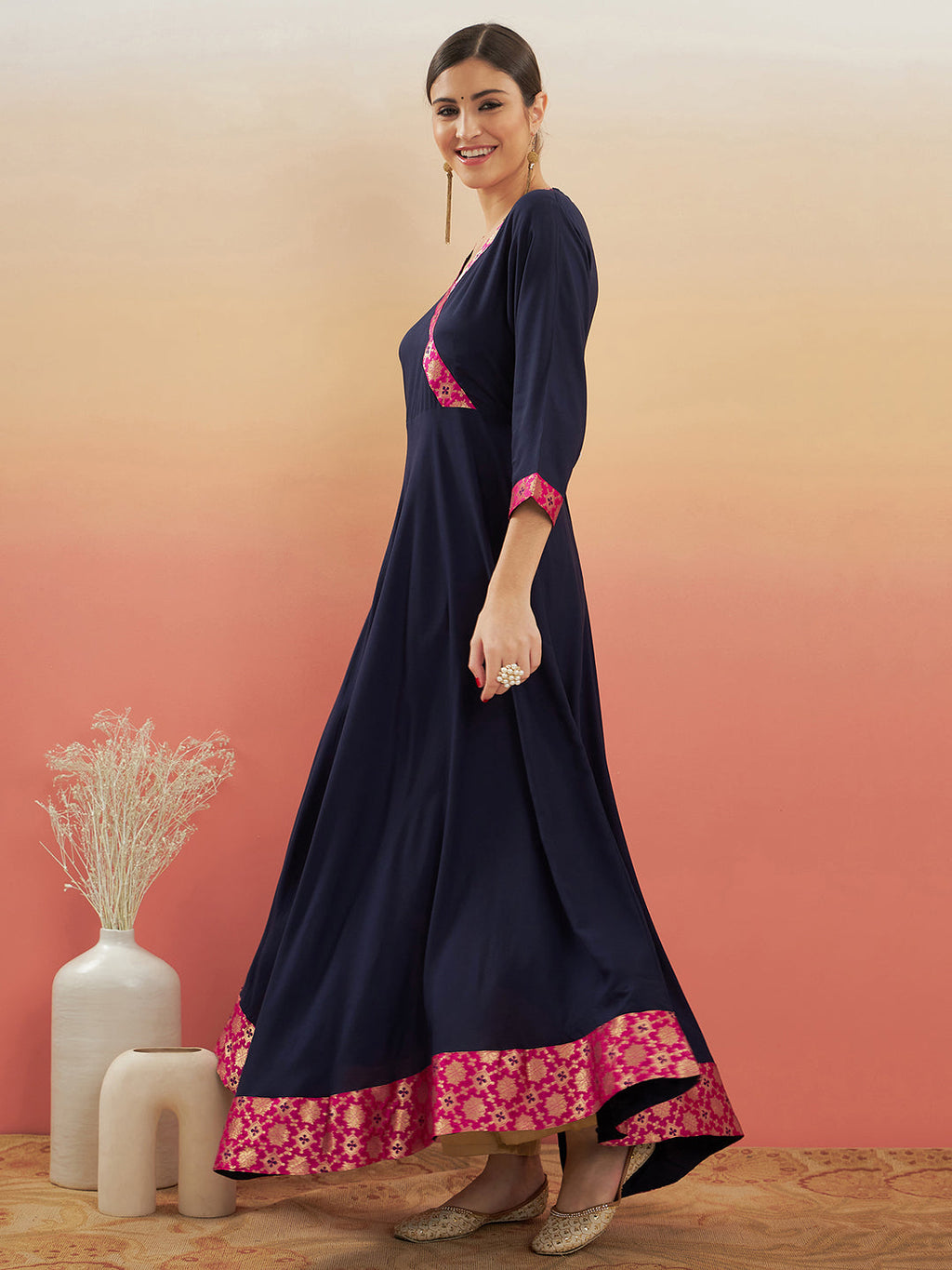 InWeave Women's Navy Blue Pink Border Anarkali Kurta