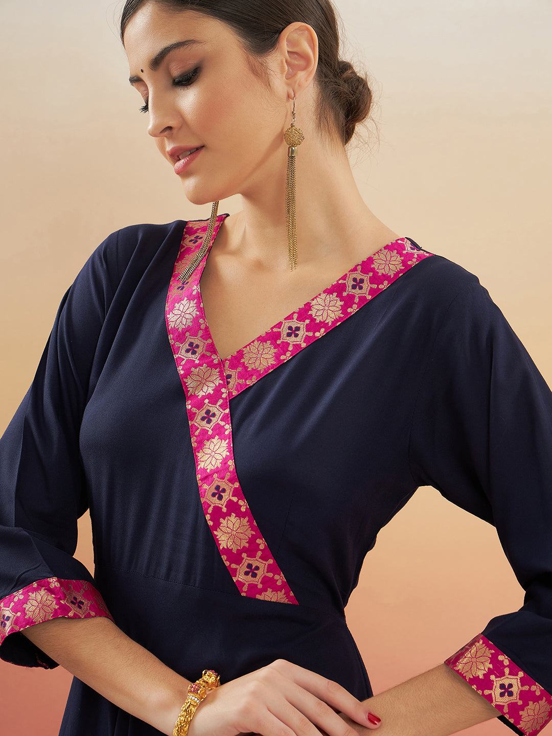 InWeave Women's Navy Blue Pink Border Anarkali Kurta