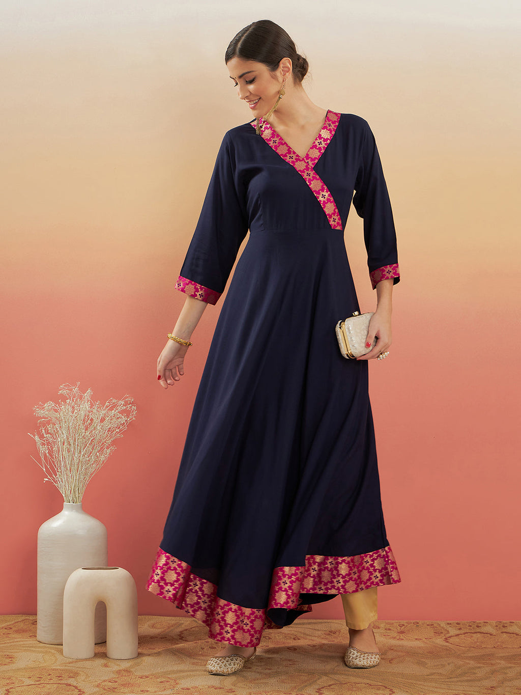 InWeave Women's Navy Blue Pink Border Anarkali Kurta