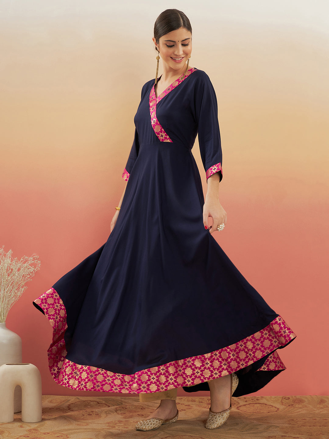 InWeave Women's Navy Blue Pink Border Anarkali Kurta