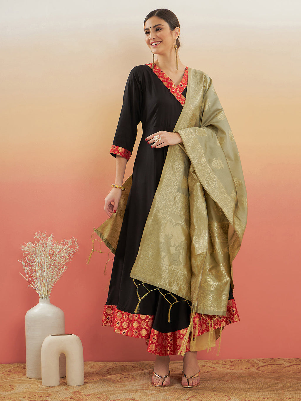 InWeave Women's Black Red Border Anarkali W Golden Wedding Brocade Dupatta