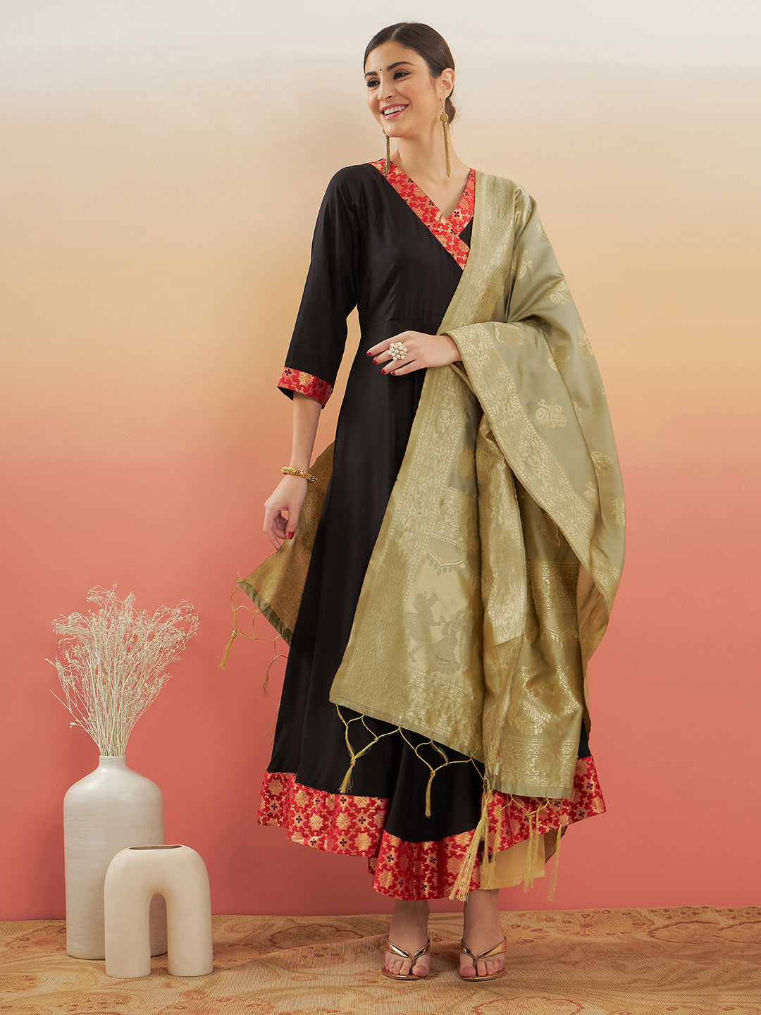 InWeave Women's Black Red Border Anarkali W Golden Wedding Brocade Dupatta