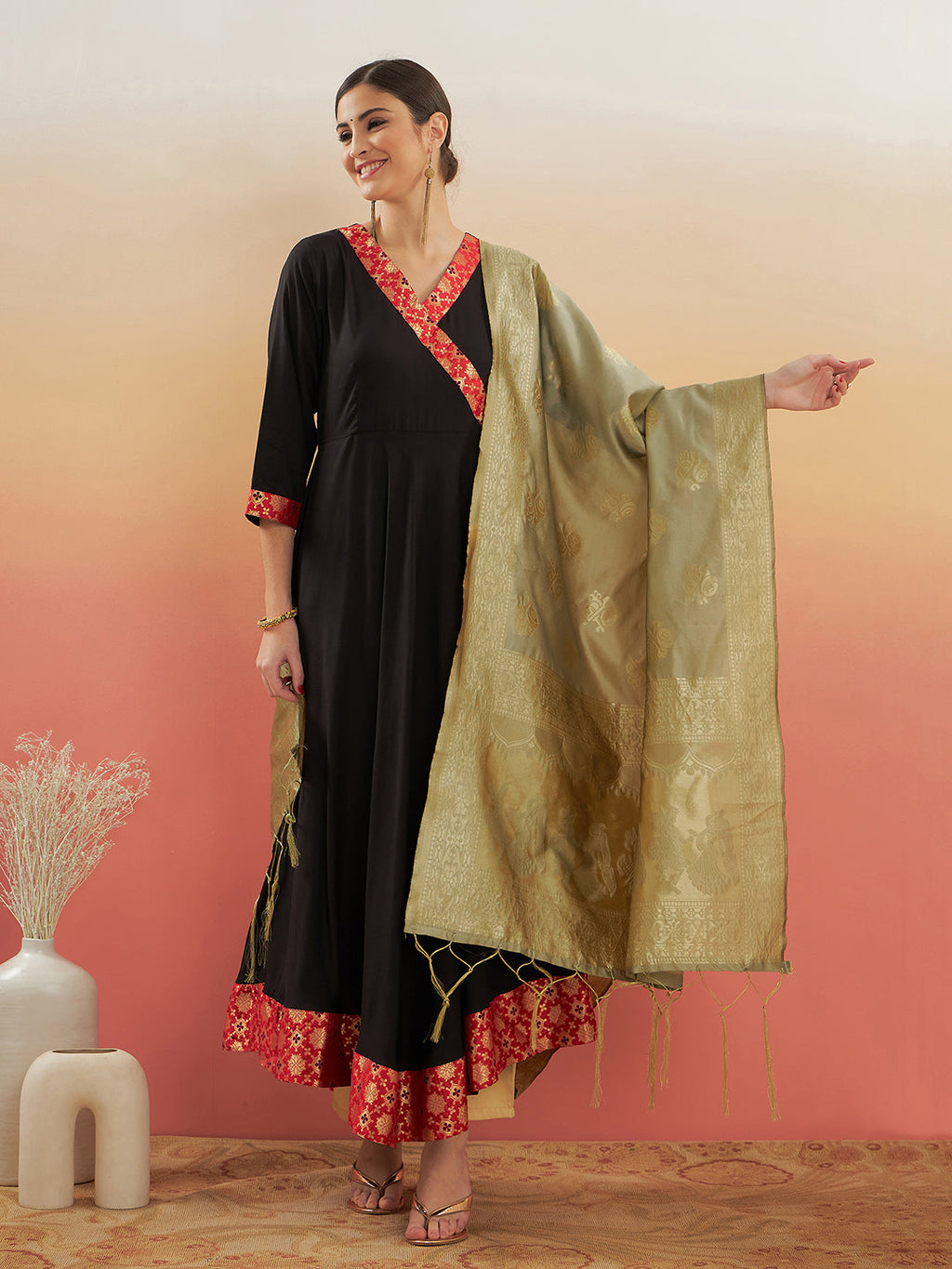 InWeave Women's Black Red Border Anarkali W Golden Wedding Brocade Dupatta
