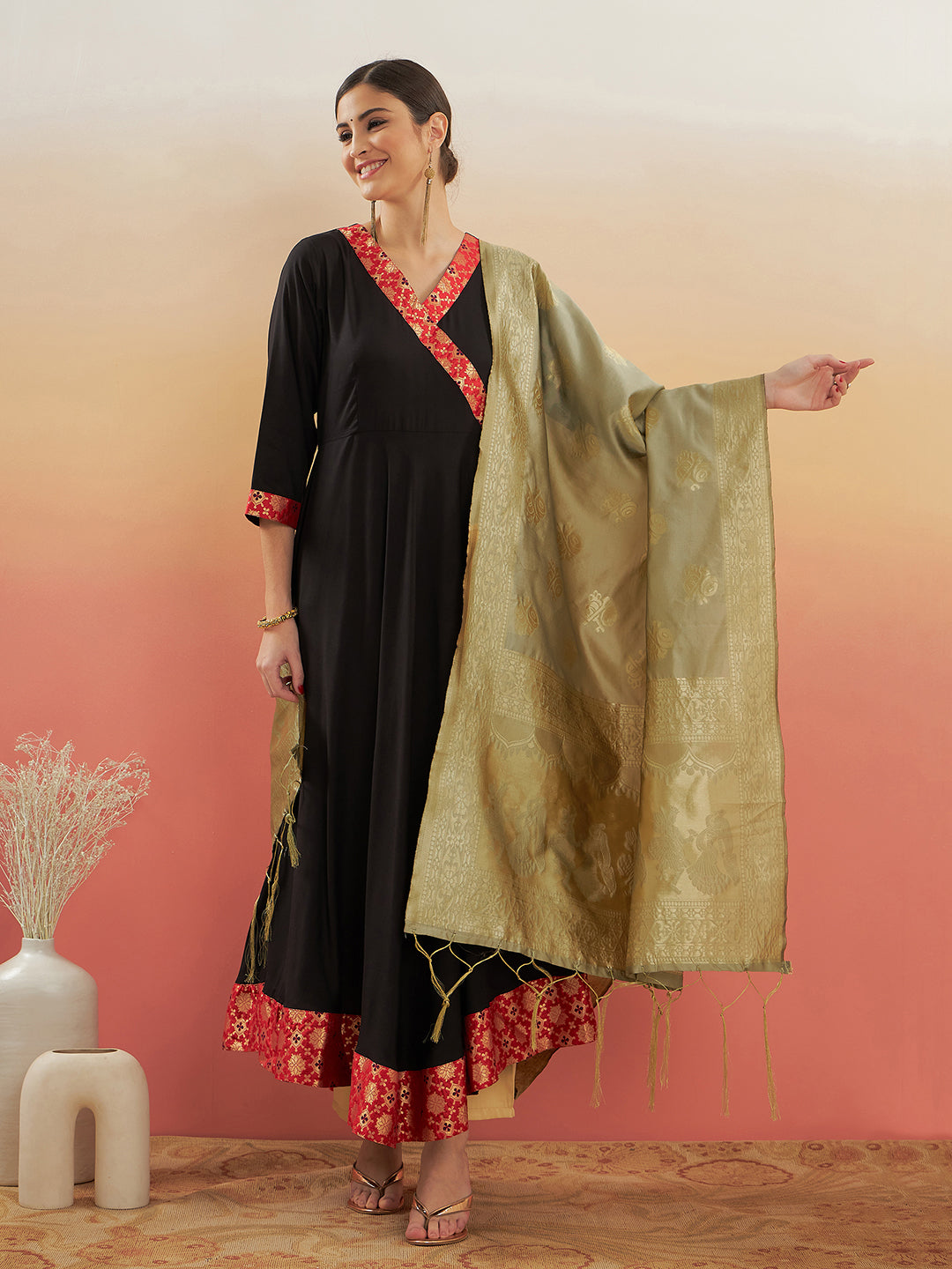 InWeave Women's Black Red Border Anarkali W Golden Wedding Brocade Dupatta