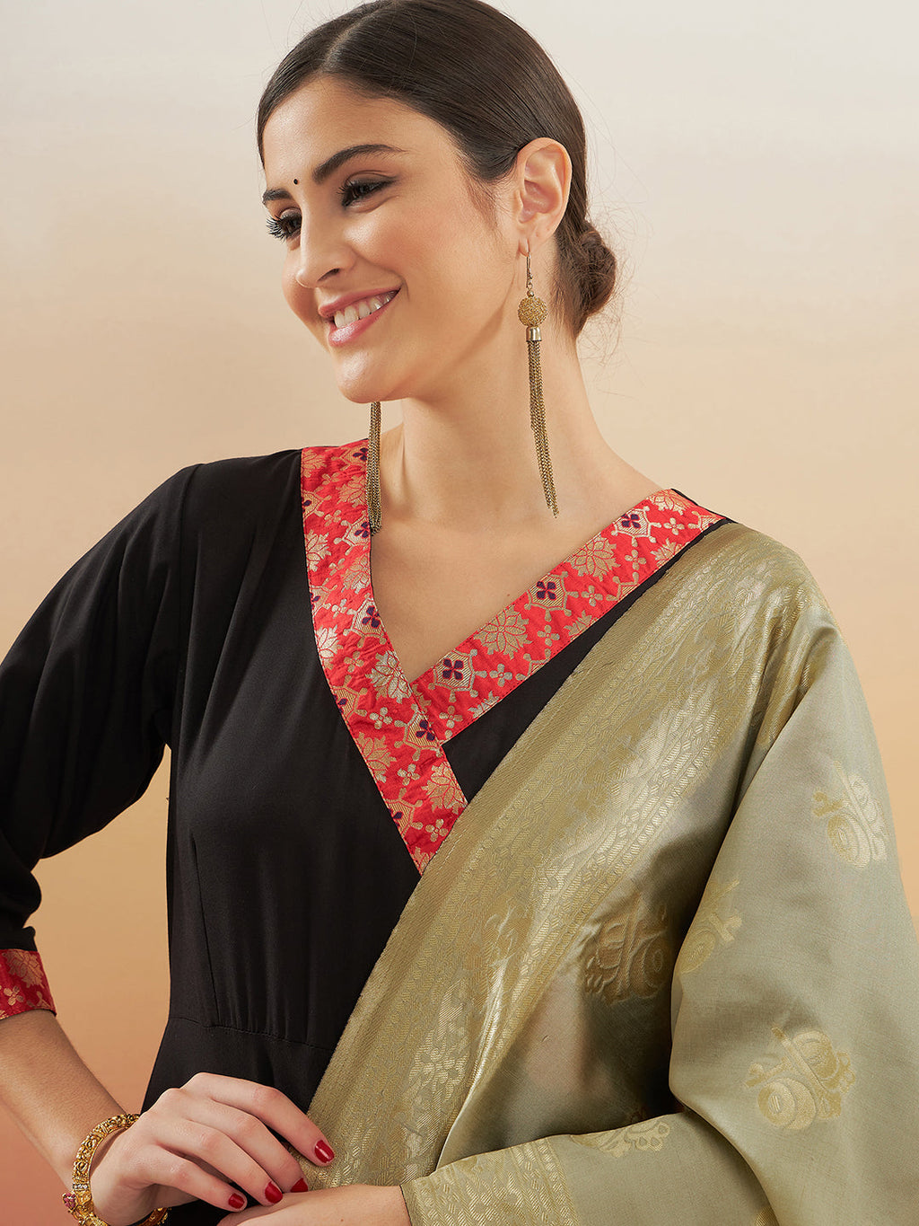 InWeave Women's Black Red Border Anarkali W Golden Wedding Brocade Dupatta